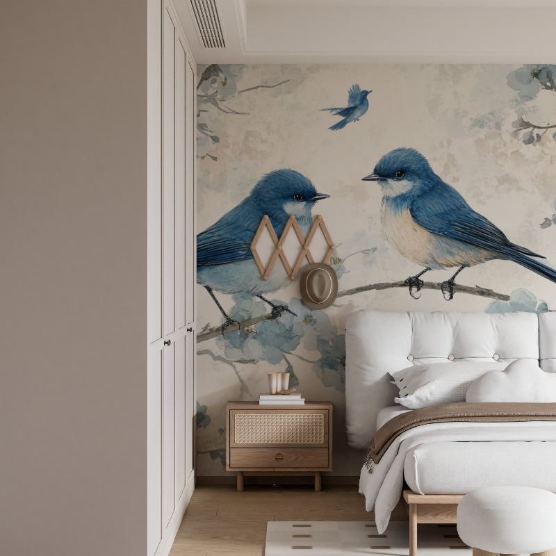 Nature wall mural with birds and blossoms styled in entrance hallway