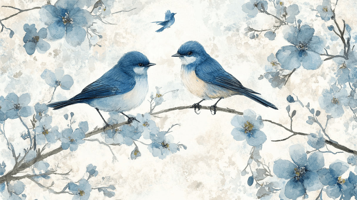 Design file of blue songbirds and cherry blossoms pattern on light background