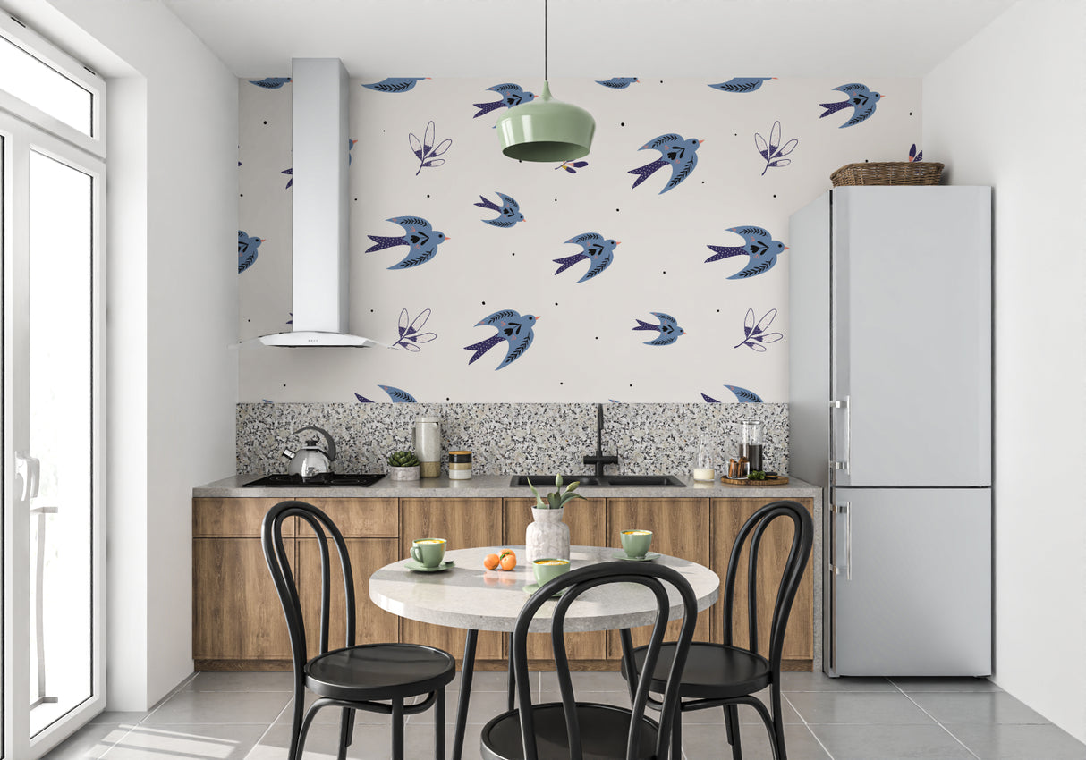 Birds wall mural featuring blue swallows in a cozy bedroom setting with white furniture