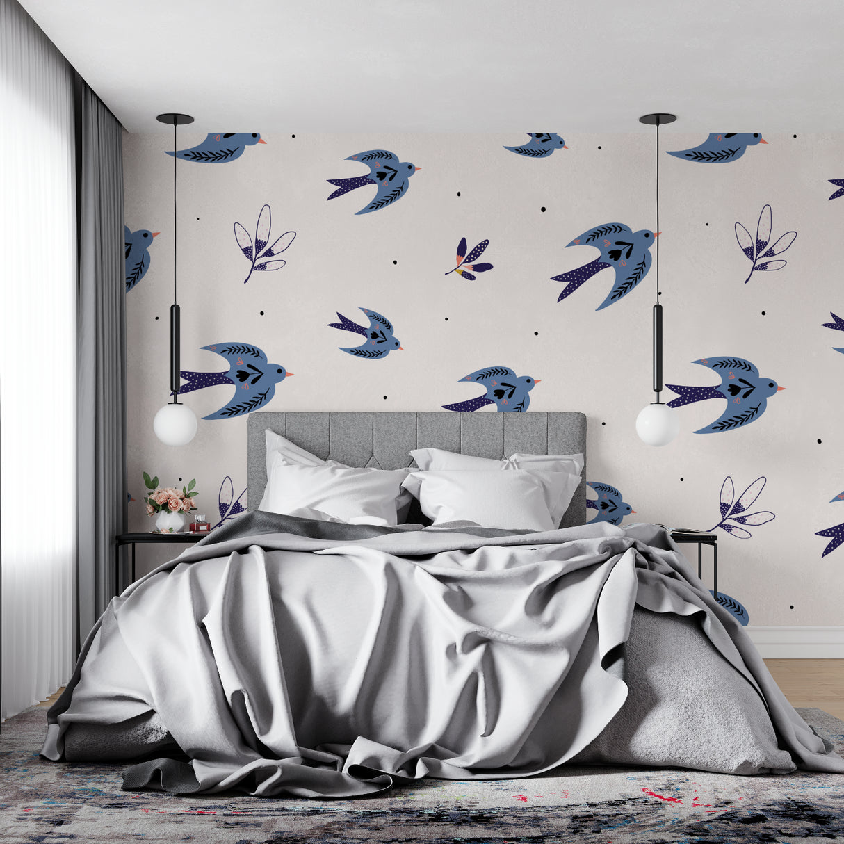 Swallow bird wallpaper bringing nature indoors in a bright home office space