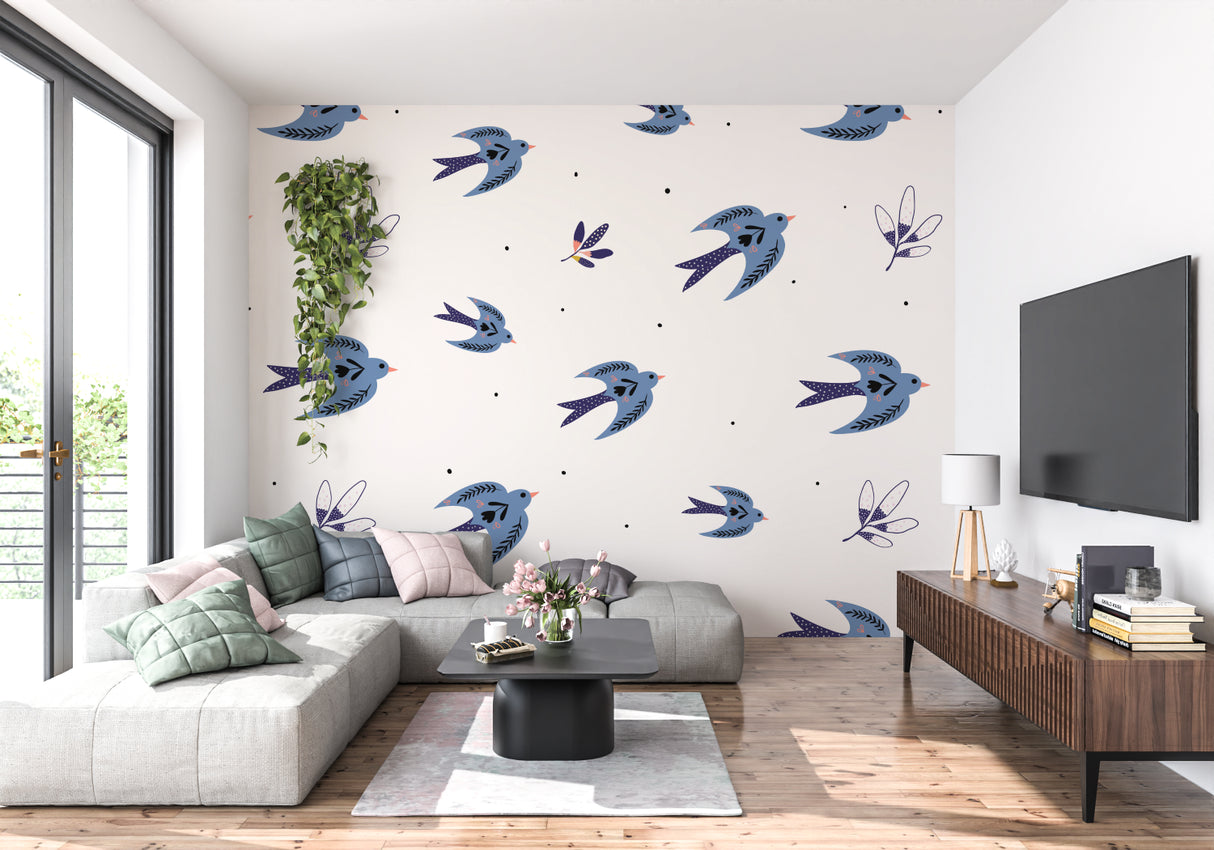 Blue birds wallpaper mural showcased in a minimalist dining room setting