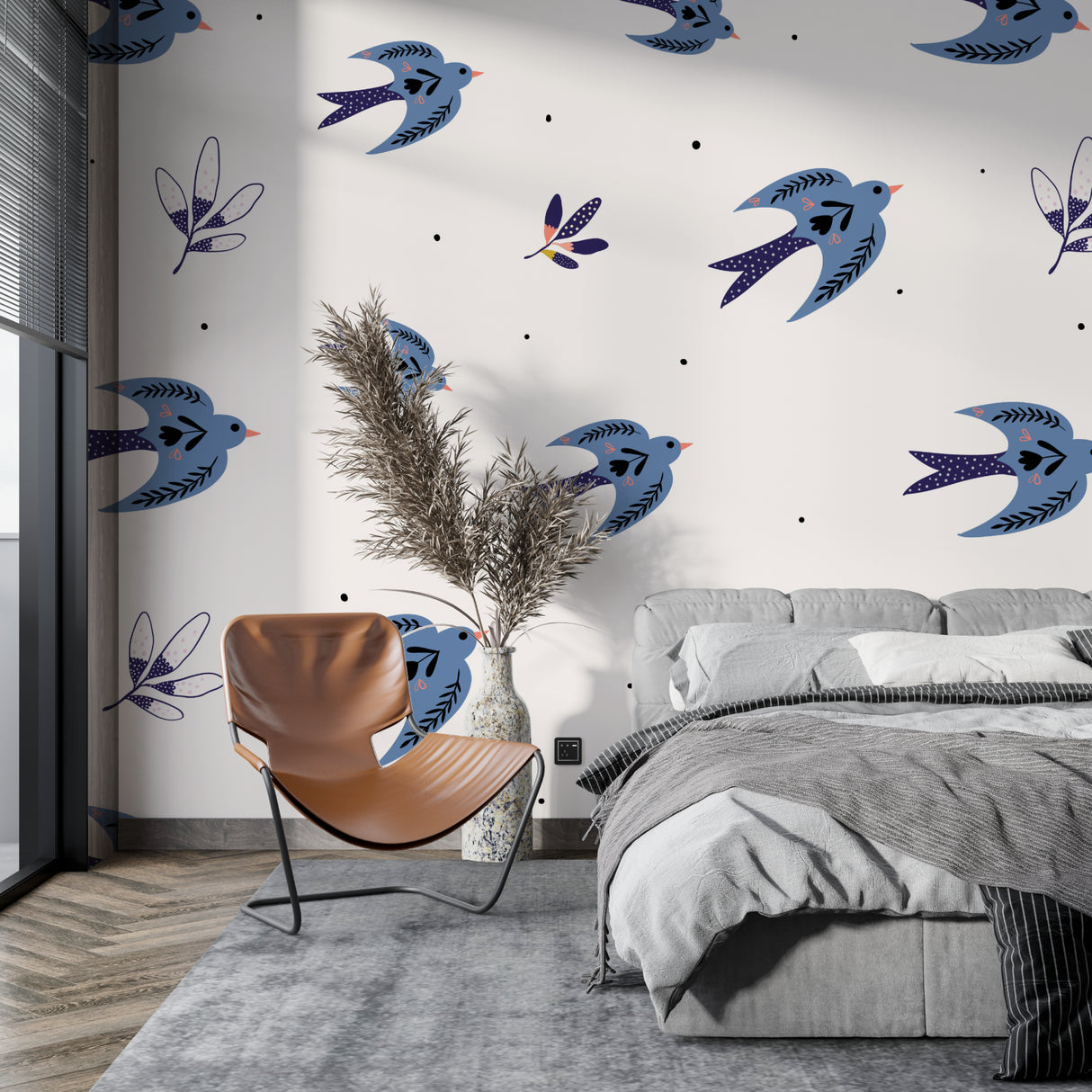 Nature-inspired bird wallpaper creating movement in a contemporary hallway