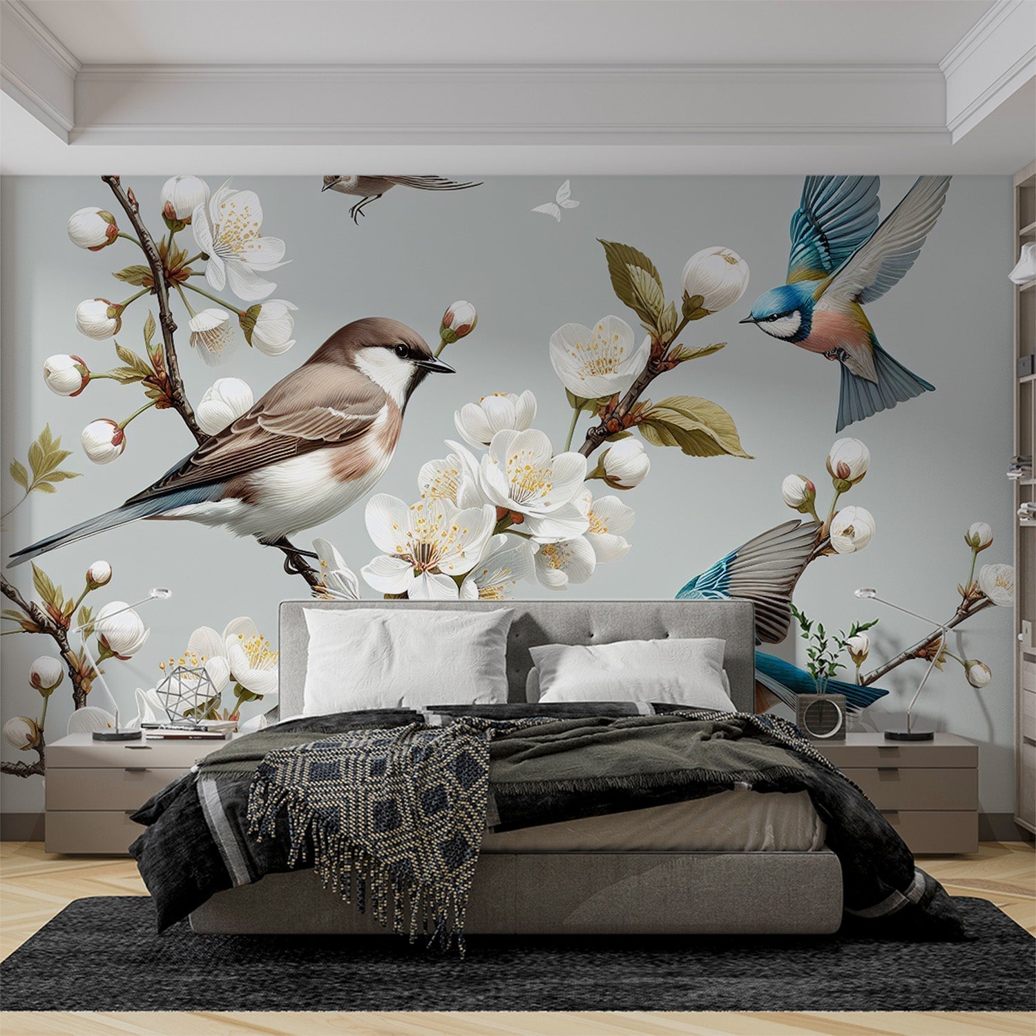 Birds and Cherry Blossom Wallpaper creating a peaceful atmosphere in a bright modern bedroom with natural light