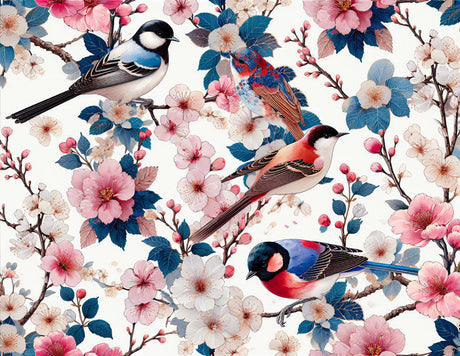 Birds and Cherry Blossom Wallpaper design file showing detailed songbirds and pink blossoms pattern