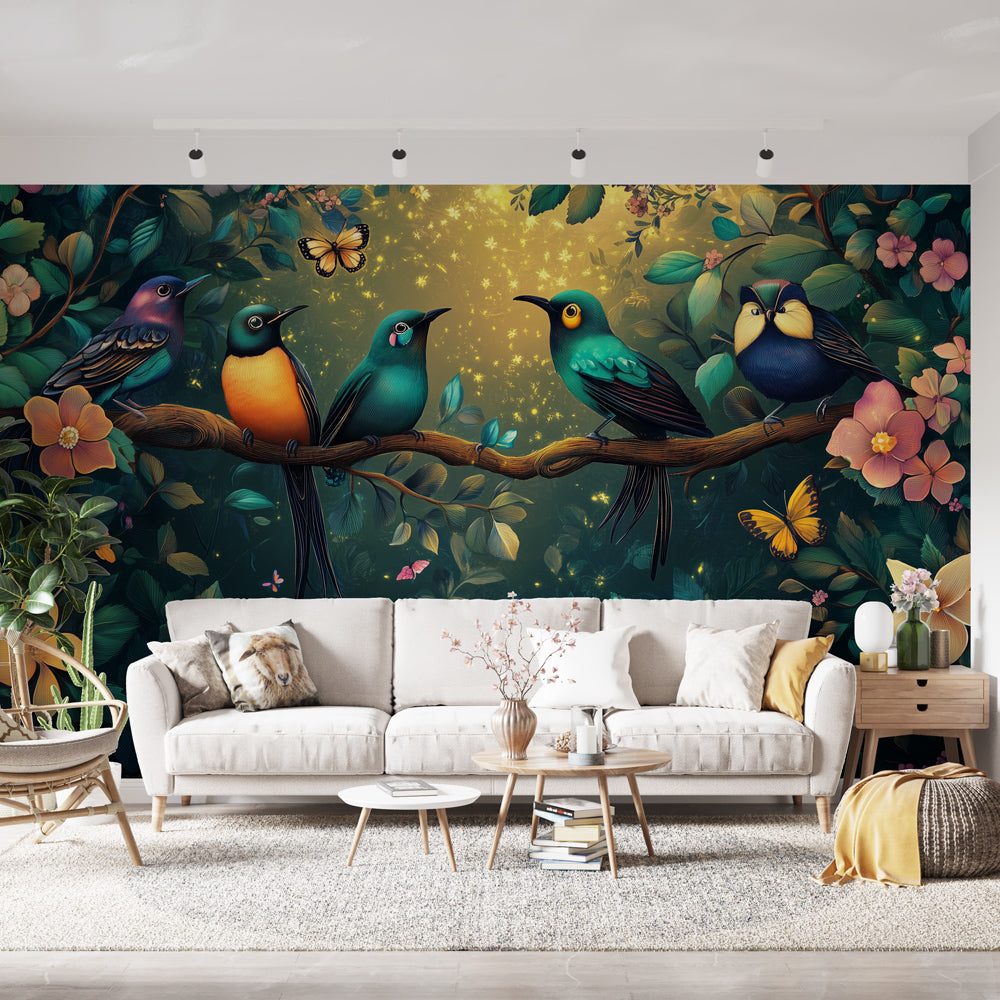 Tropical birds wallpaper creating a stunning focal point in a bright modern living room with natural light