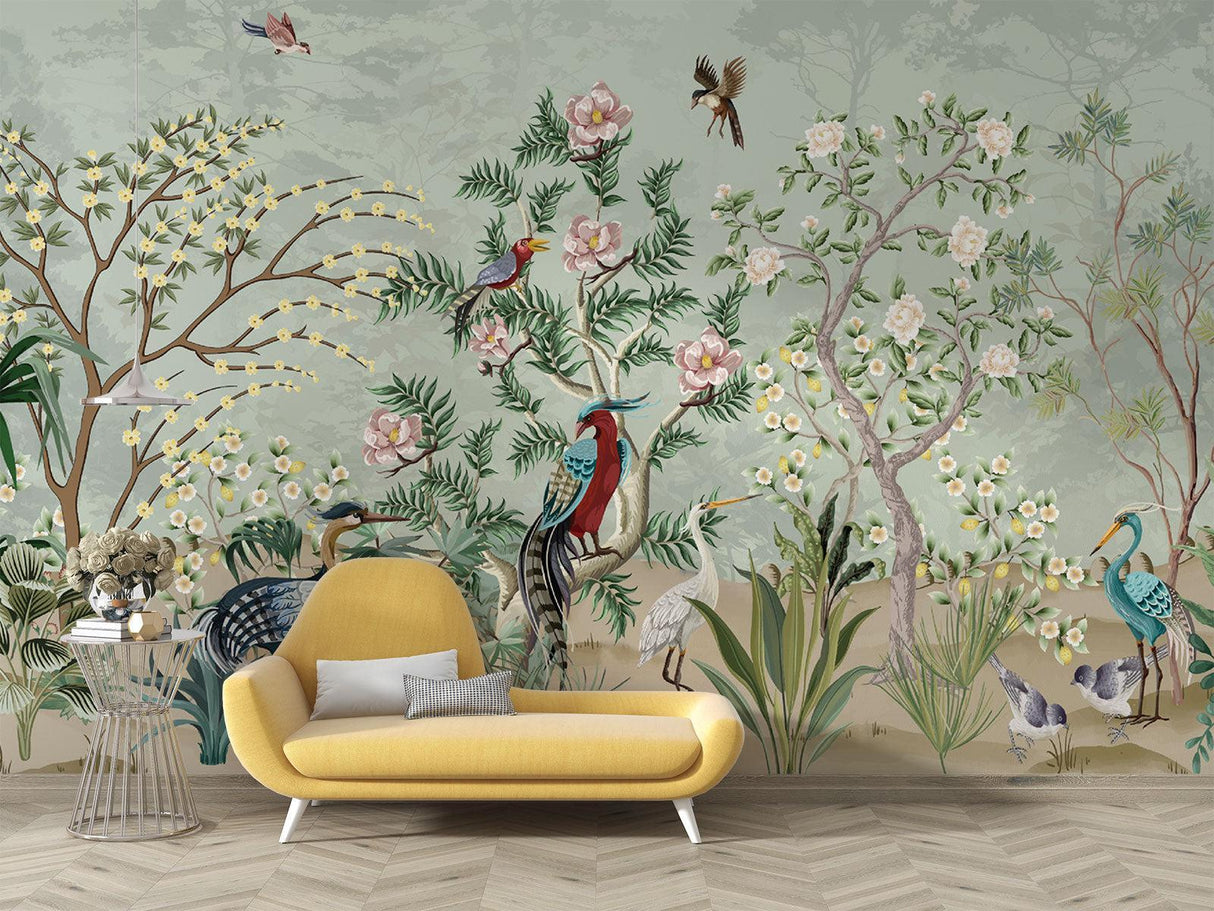 Exotic bird wallpaper with pink flowers creating a serene atmosphere in a modern living room