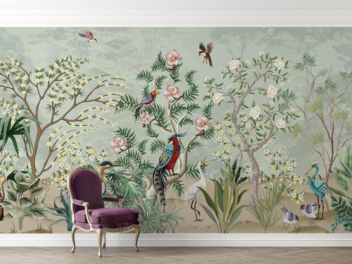 Bird and flower mural wallpaper bringing nature into a bright dining room setting