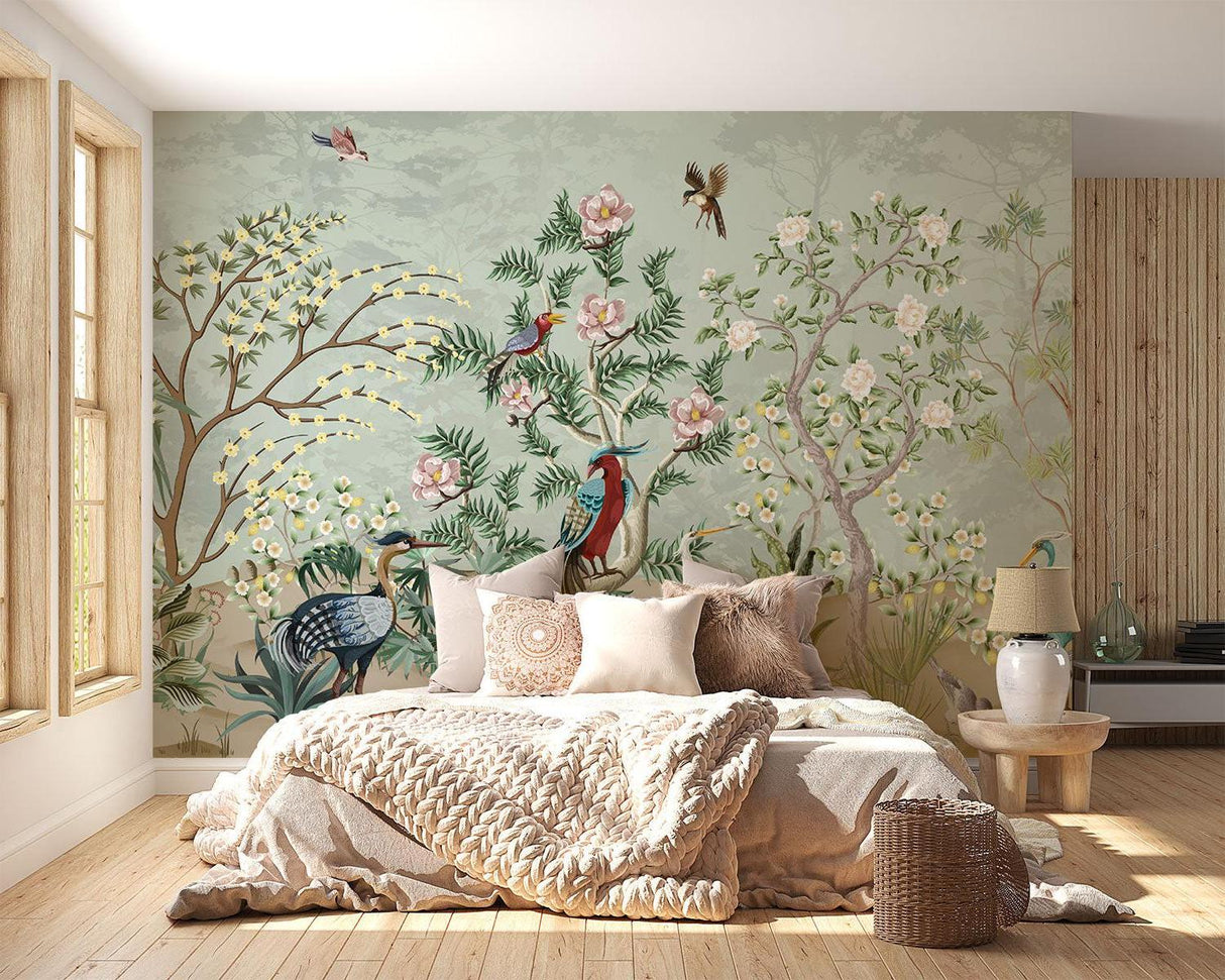 Pink floral bird wallpaper adding charm to a master bedroom wall