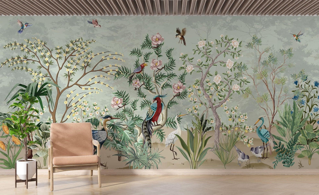 Botanical bird wallpaper transforming a home office into a garden sanctuary