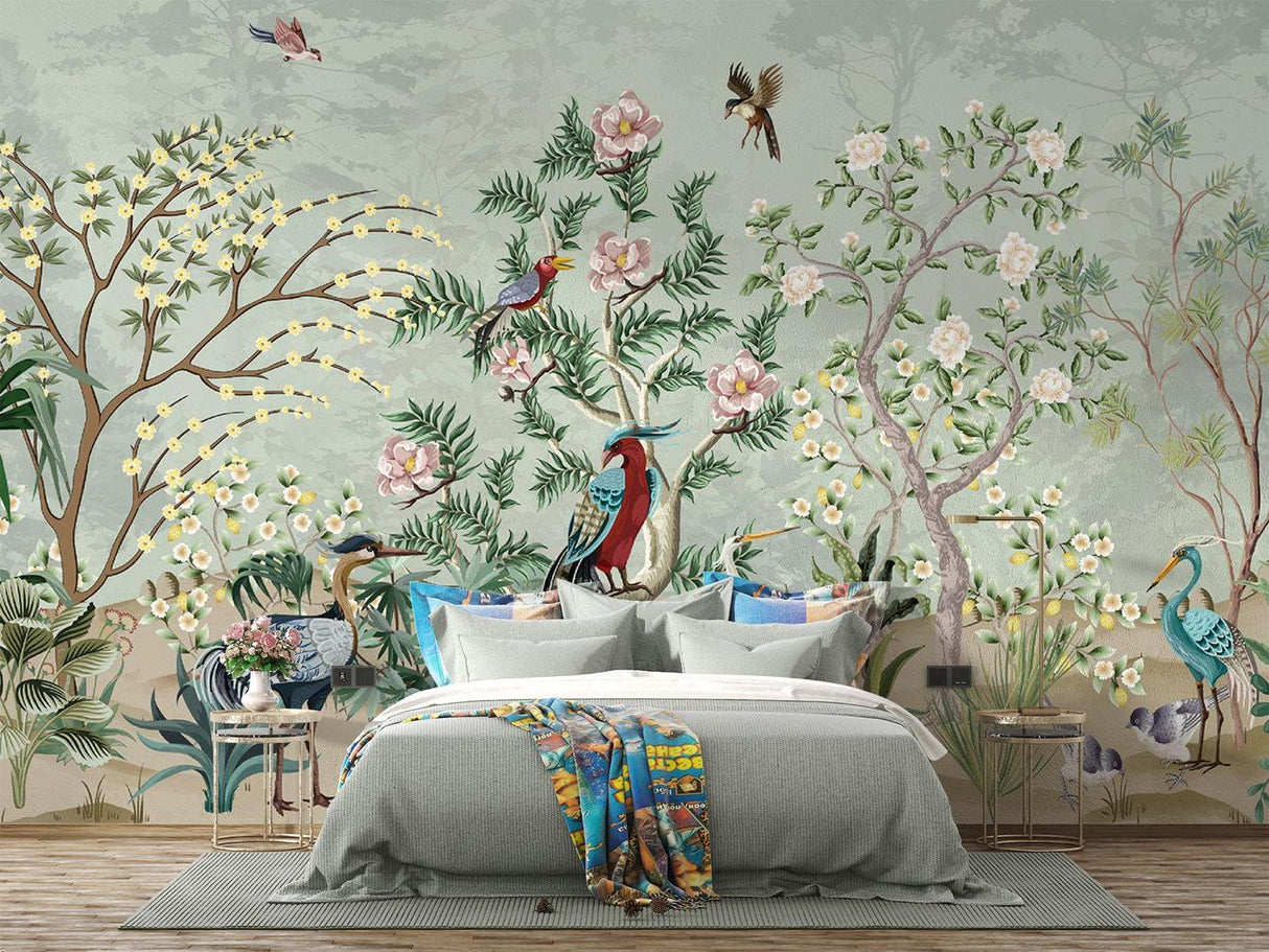 Nature inspired wall mural with birds and flowers in an elegant hallway
