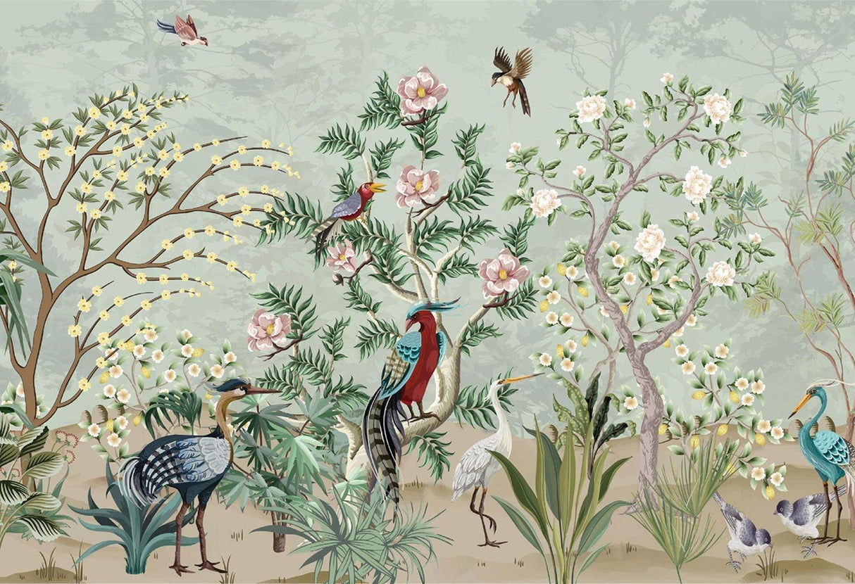 Design file showing detailed bird and flower pattern with sage green background