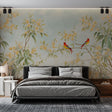 Red birds and yellow blossoms wallpaper mural in a bright modern living room, creating a stunning feature wall