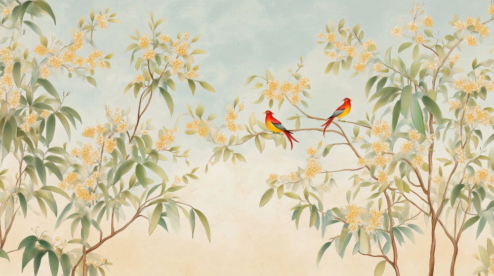 Exotic birds wallpaper design file showing detailed red birds and yellow blossoms pattern