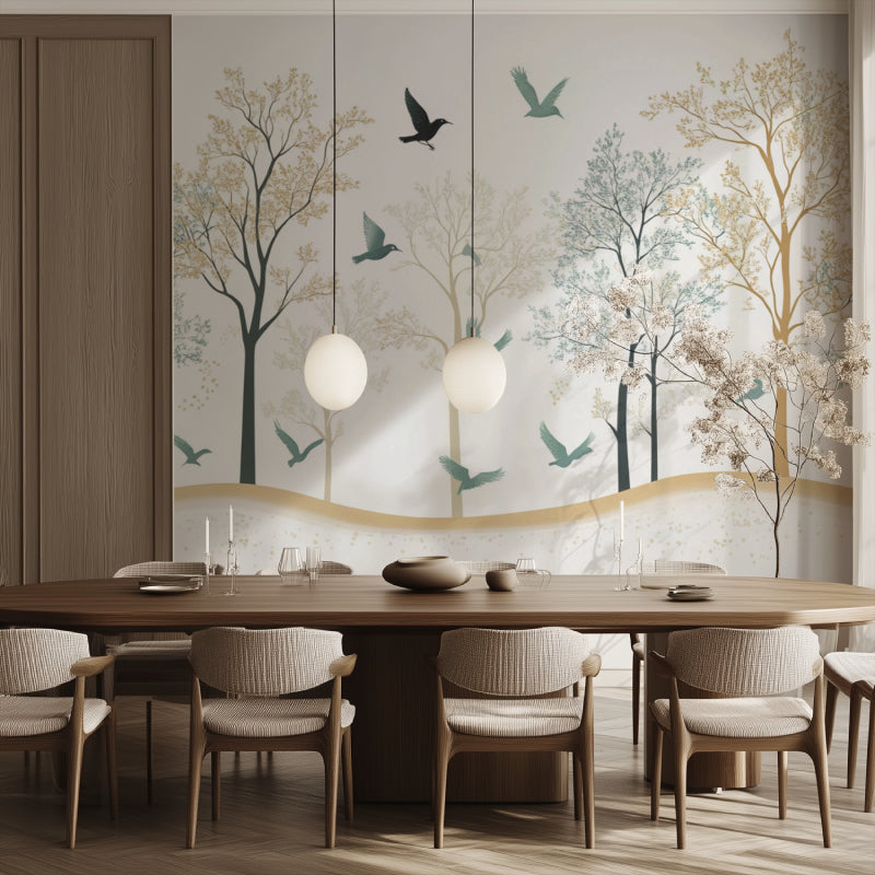 Birds wallpaper mural in bright modern living room, creating airy atmosphere with sage green and cream tones