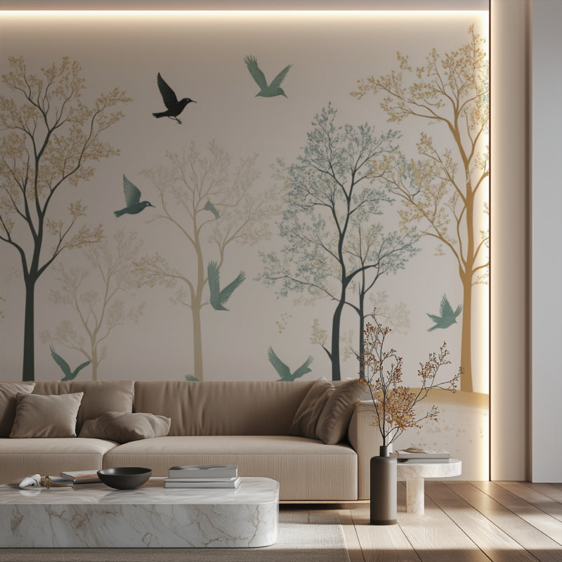 Forest birds wall mural in cozy bedroom, natural light highlighting golden beige details