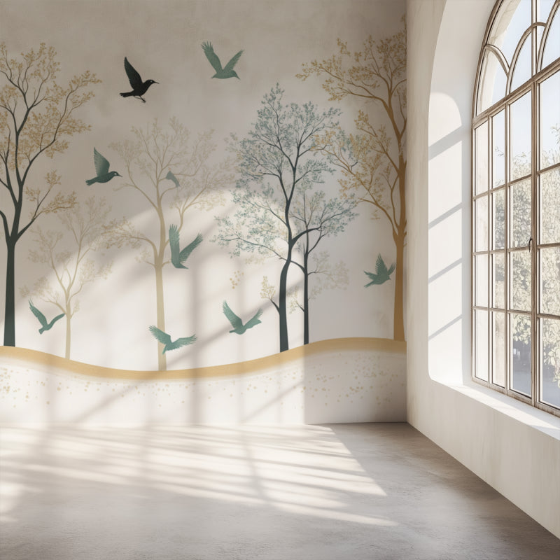 Birds and trees wallpaper bringing nature into dining room with elegant sage silhouettes