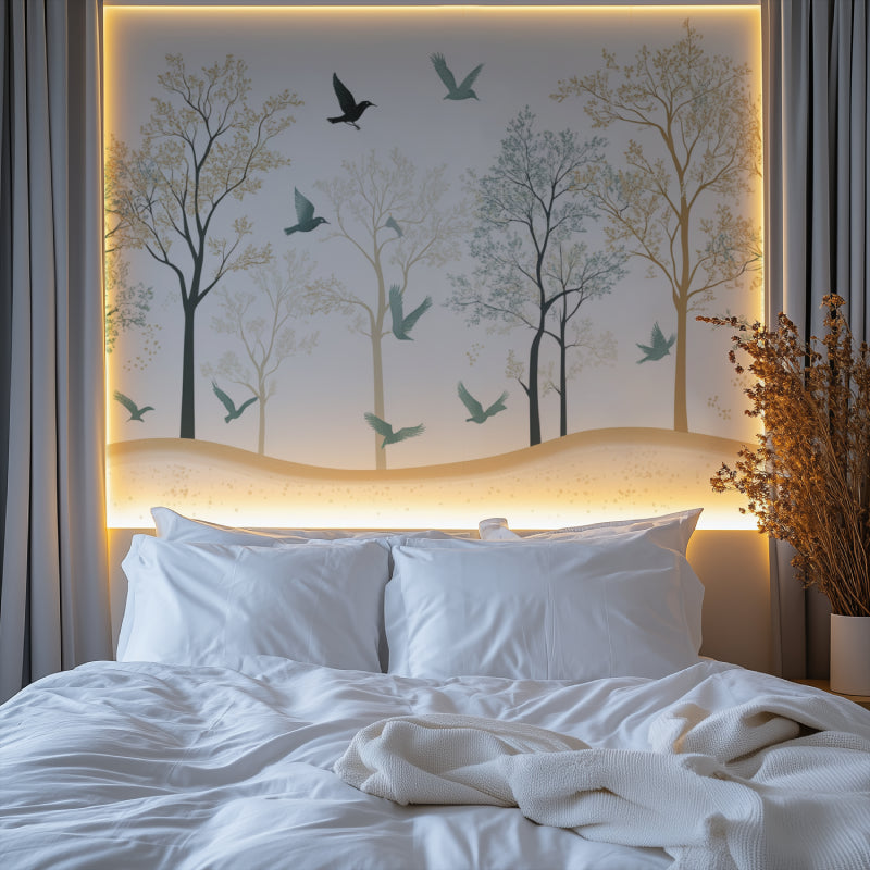Nature wall mural in home office showing scale of flying birds among tall trees