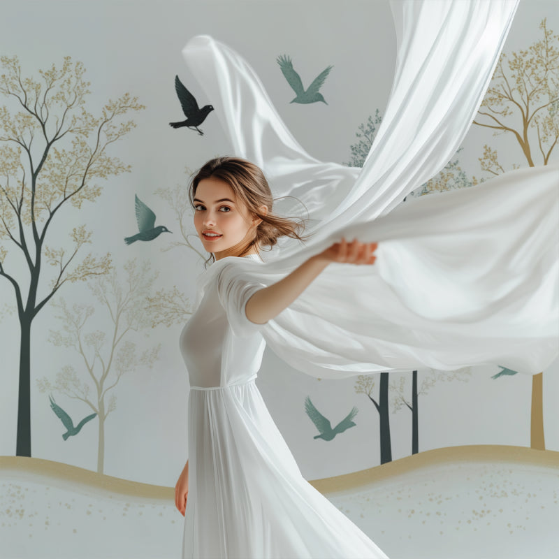 Birds forest wallpaper creating calm atmosphere in reading nook with morning light