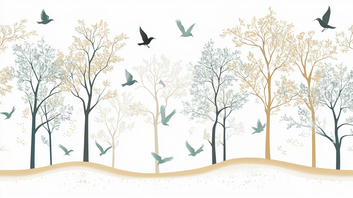 Flying birds forest design file showing detailed pattern of trees and soaring birds