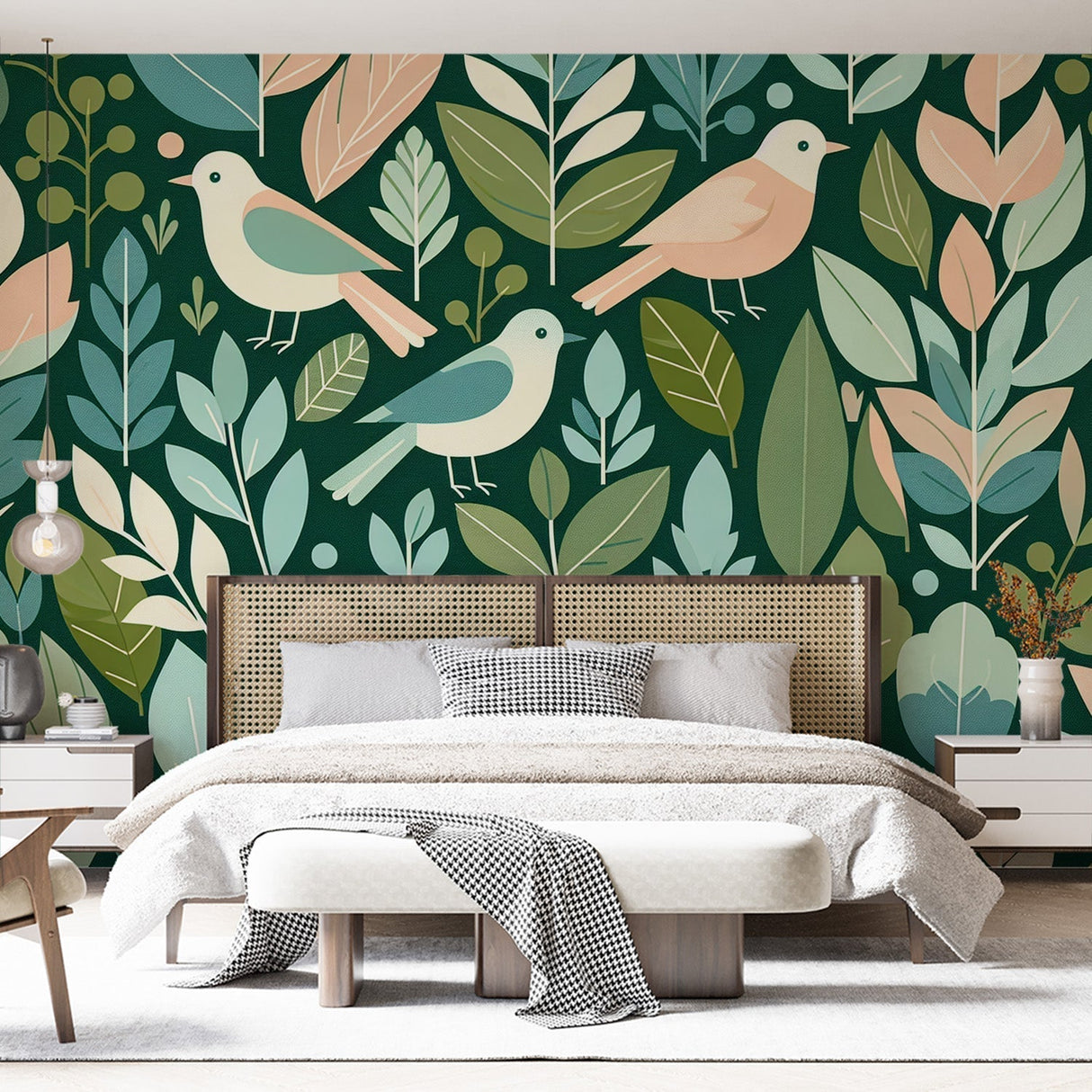 Birds wallpaper mural creating a peaceful atmosphere in a bright living room with natural light and modern furniture