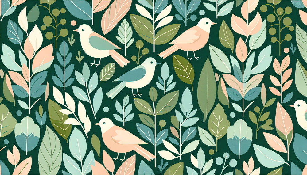 Forest birds wallpaper design file showing detailed leaf patterns and gentle bird motifs in pastel colors