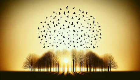 Birds and forest silhouettes design file on golden sunset background, showing detailed pattern