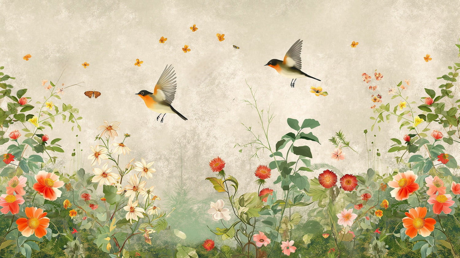 Robin and butterfly garden wallpaper design file showing detailed pattern and natural colors