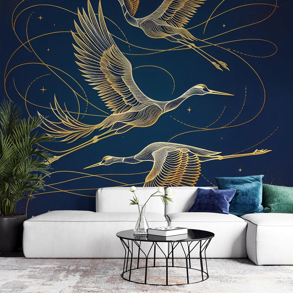 Golden Crane wallpaper creating a stunning focal point in a modern living room with blue and gold accents