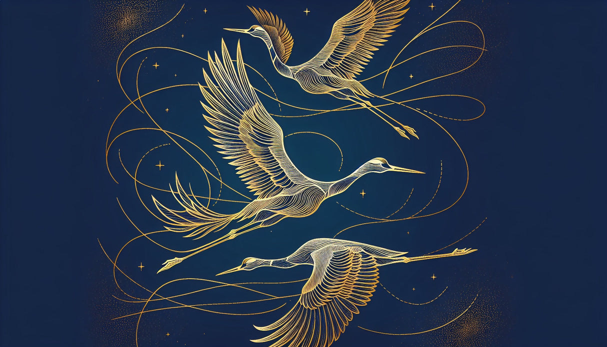 Birds Mural Wallpaper design file showing golden cranes soaring on midnight blue background with intricate details