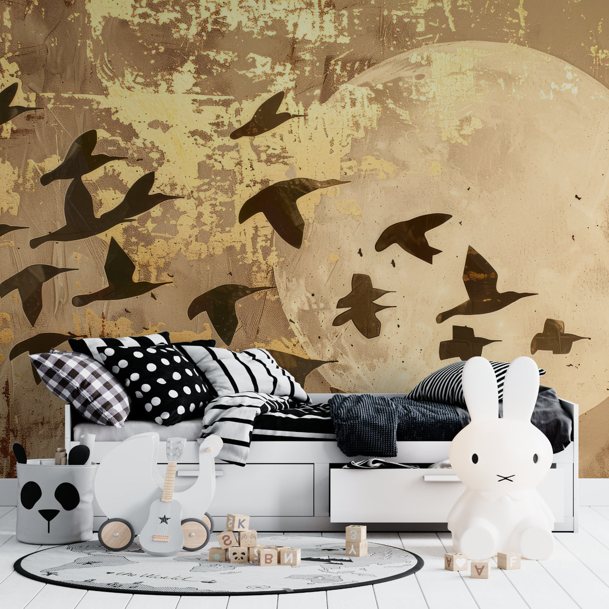 Birds wall mural creating a stunning focal point in modern living room with golden accents