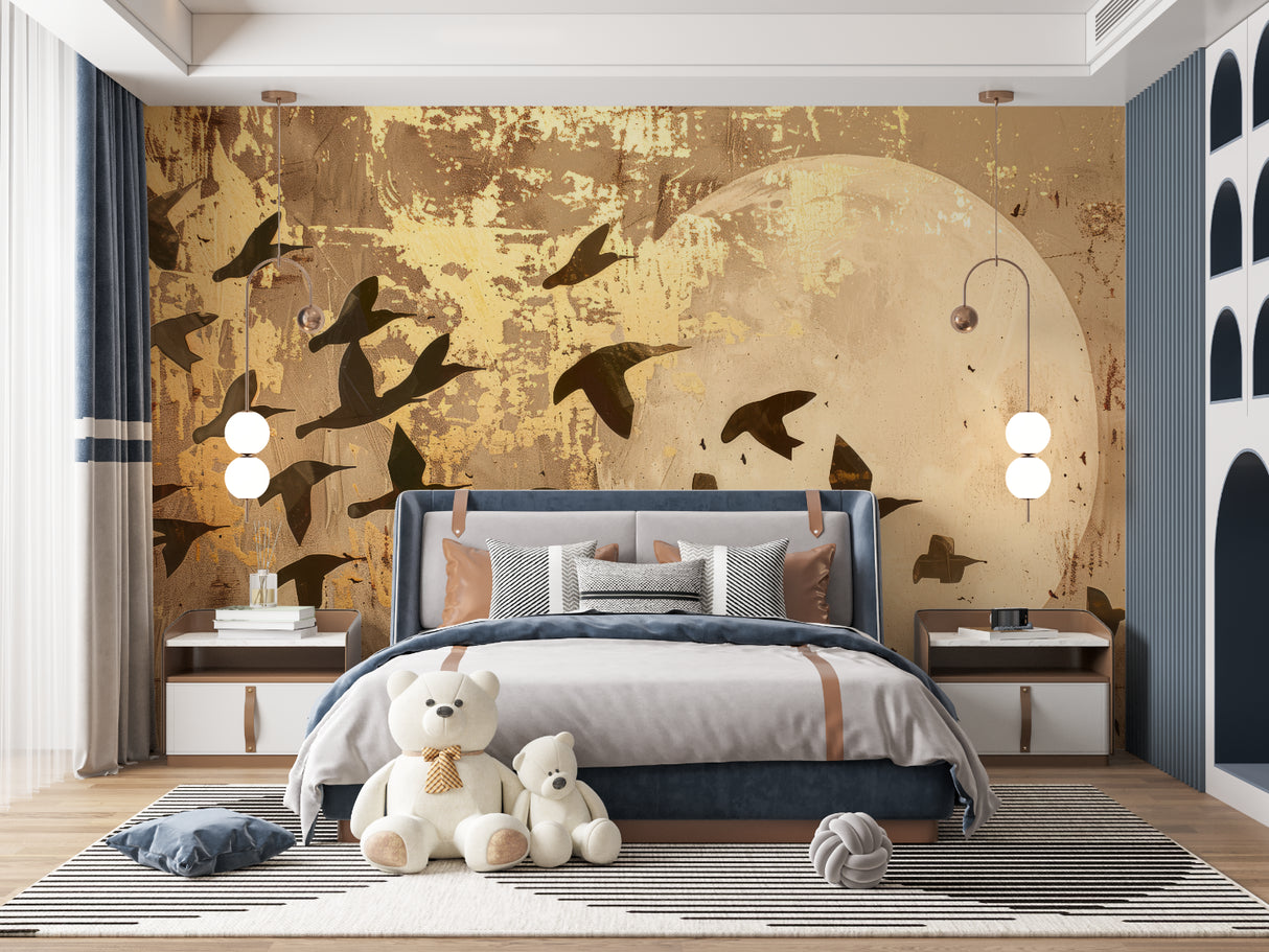 Bird wallpaper bringing warmth to master bedroom with morning light