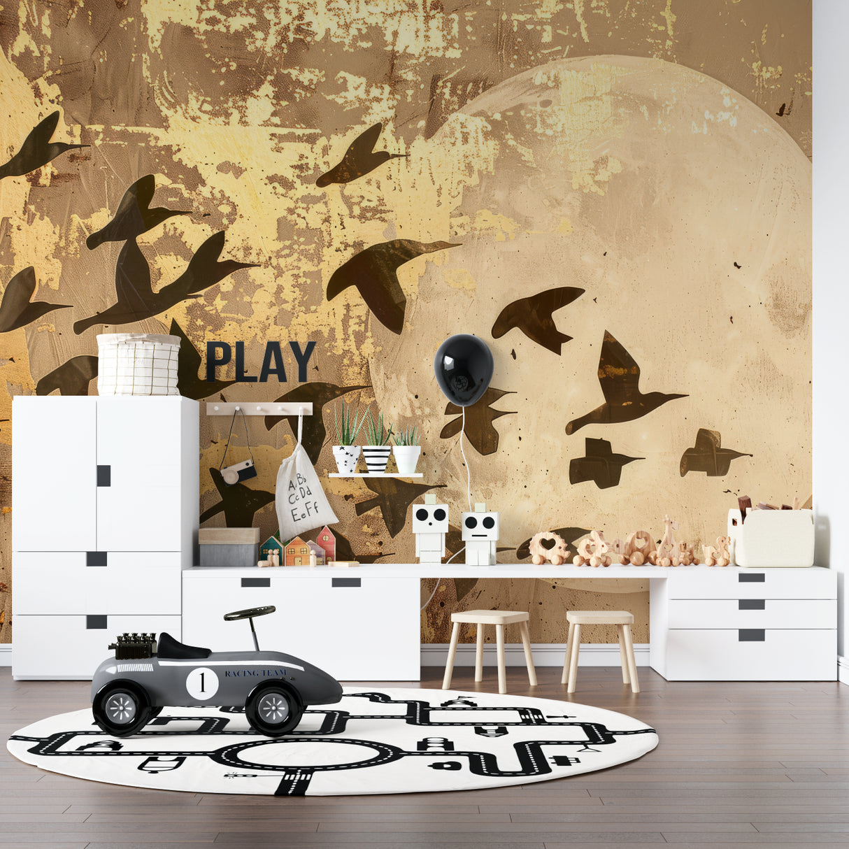 Flying birds mural adding movement to dining room walls