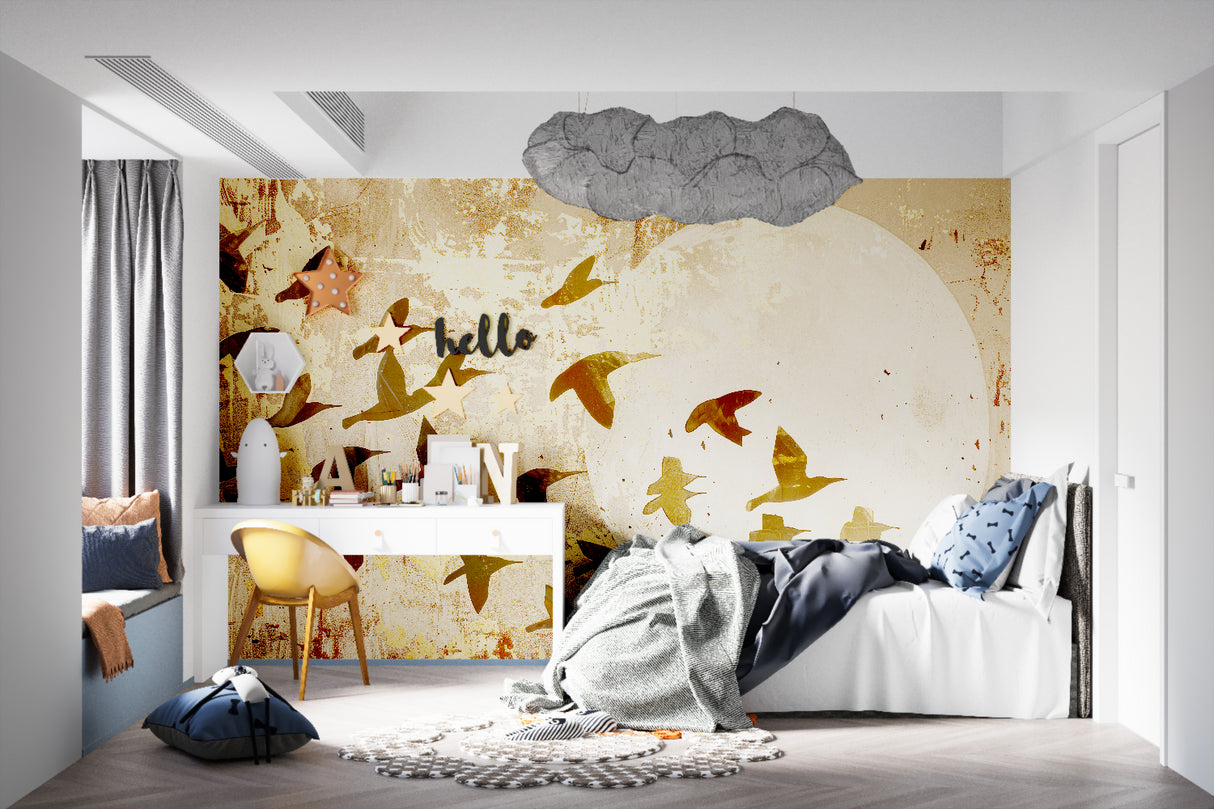 Golden birds wallpaper making statement in home office space