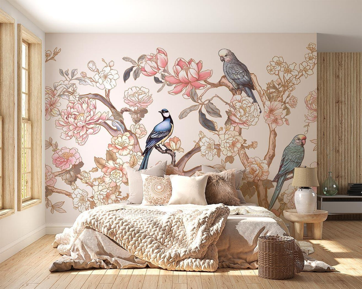 Japanese birds and cherry blossom wallpaper in a bright modern living room with natural light
