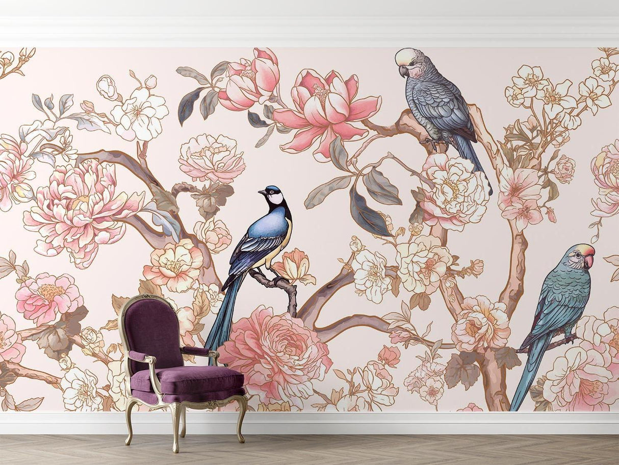 Cherry blossom bird wallpaper creating a peaceful atmosphere in a master bedroom