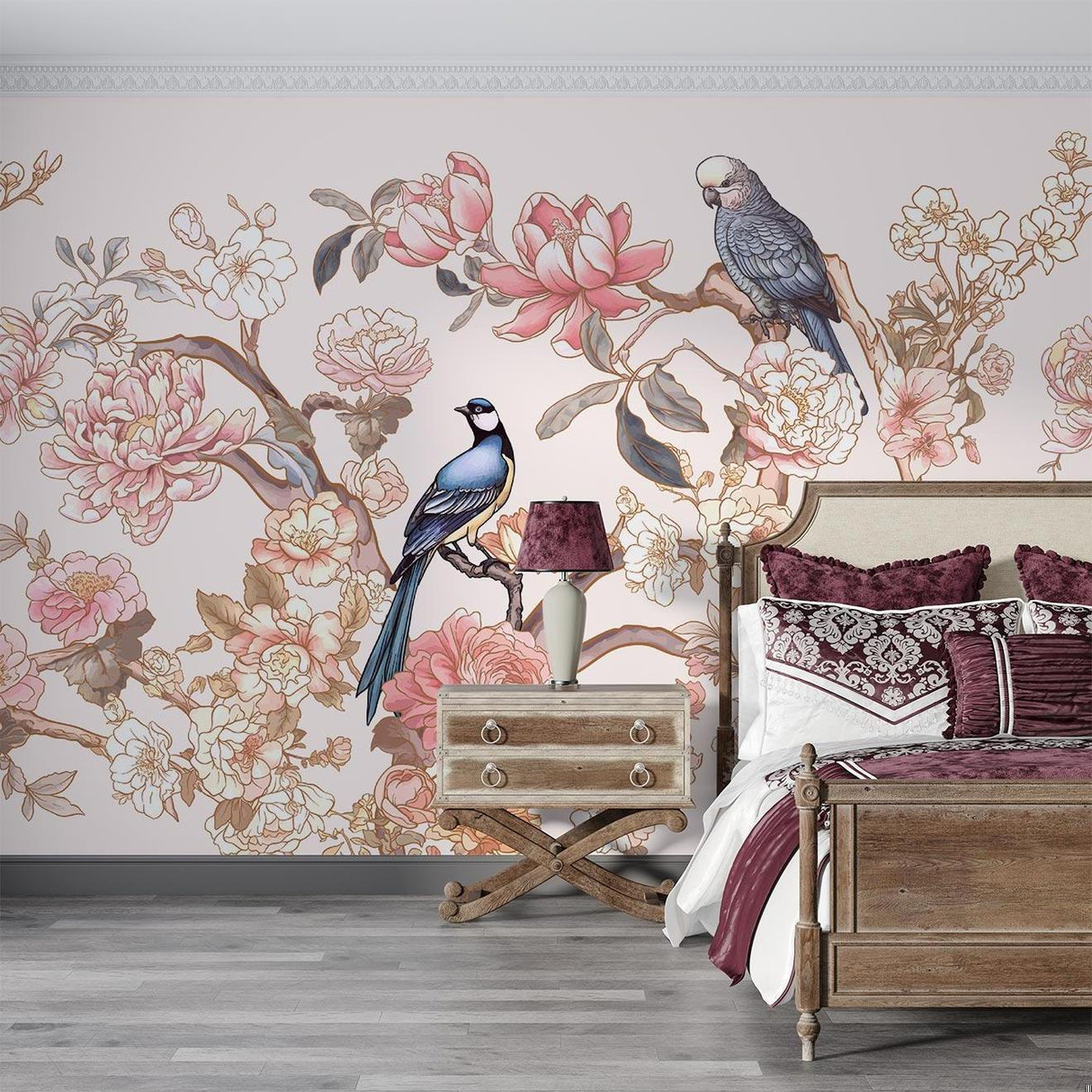Birds and flowers wallpaper bringing Asian elegance to a dining room setting