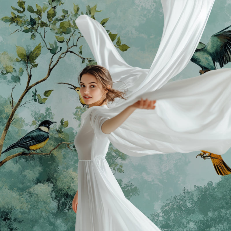Forest Birds Mural transforming a cozy bedroom with soft natural lighting