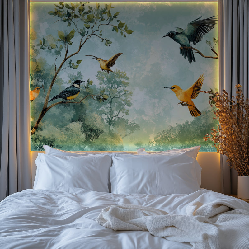 Mint Green Bird Wallpaper bringing nature into a bright home office space