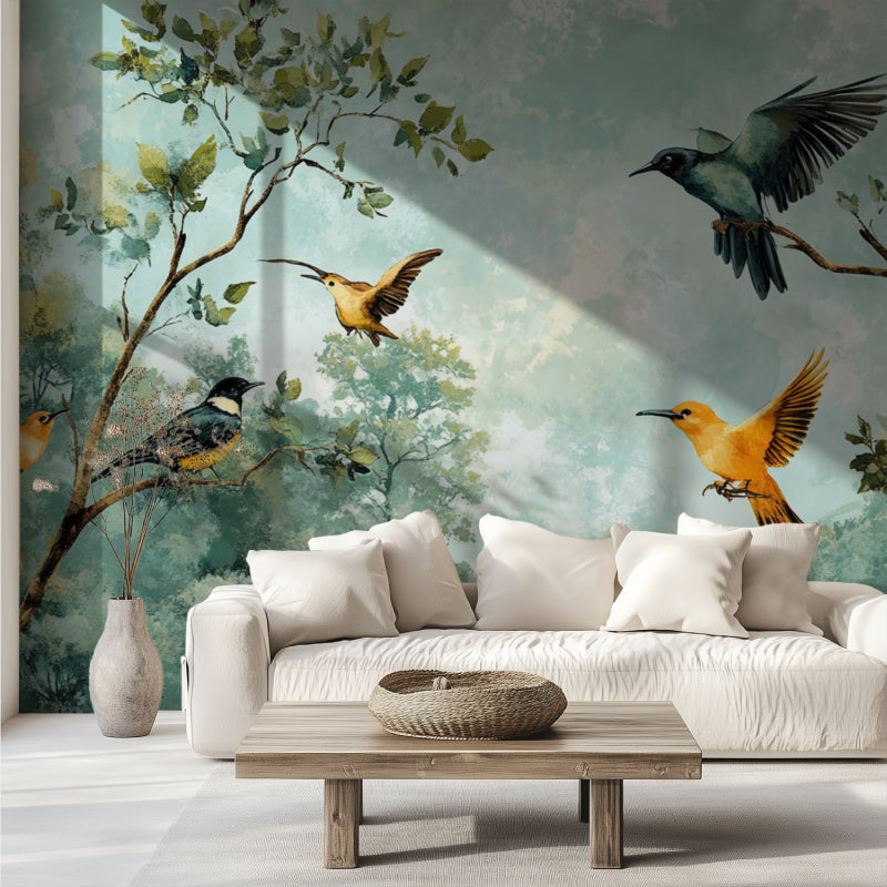 Birds and Forest Wallpaper adding depth to a minimalist dining room
