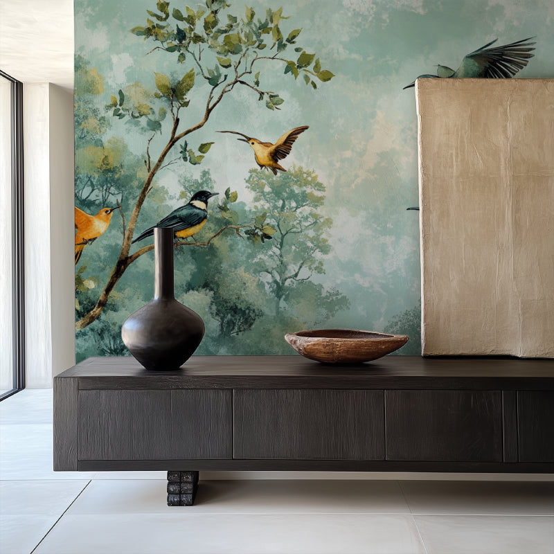 Green Forest Birds Mural making a statement in an elegant hallway