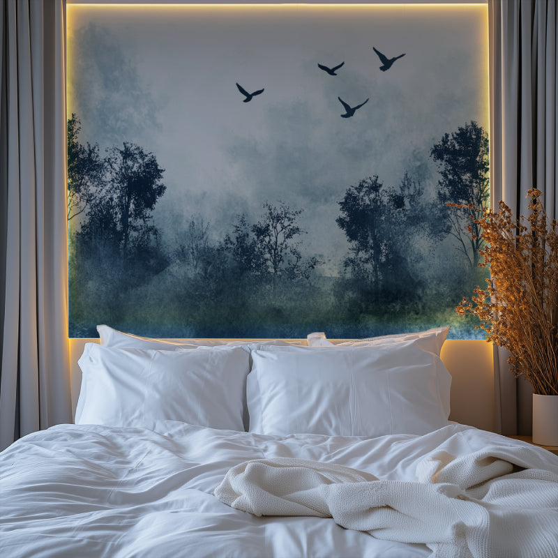 Misty forest birds mural in a cozy bedroom setting with natural light
