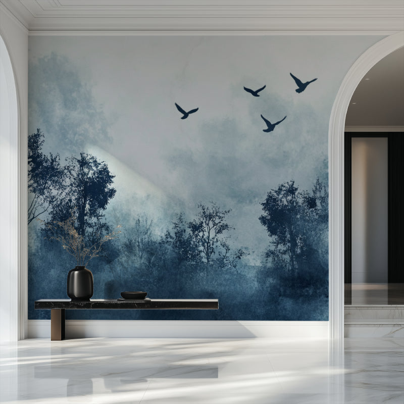 Birds and trees silhouette wallpaper in a peaceful home office space