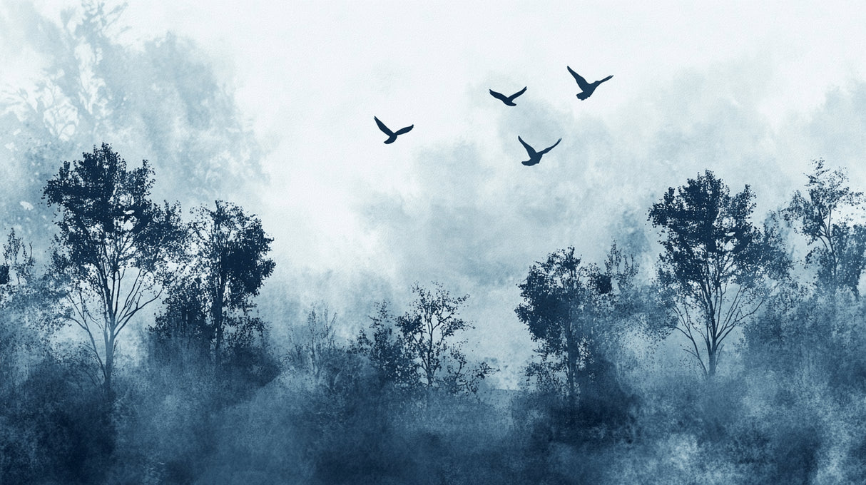 Forest birds wallpaper design file showing full misty pattern and silhouettes