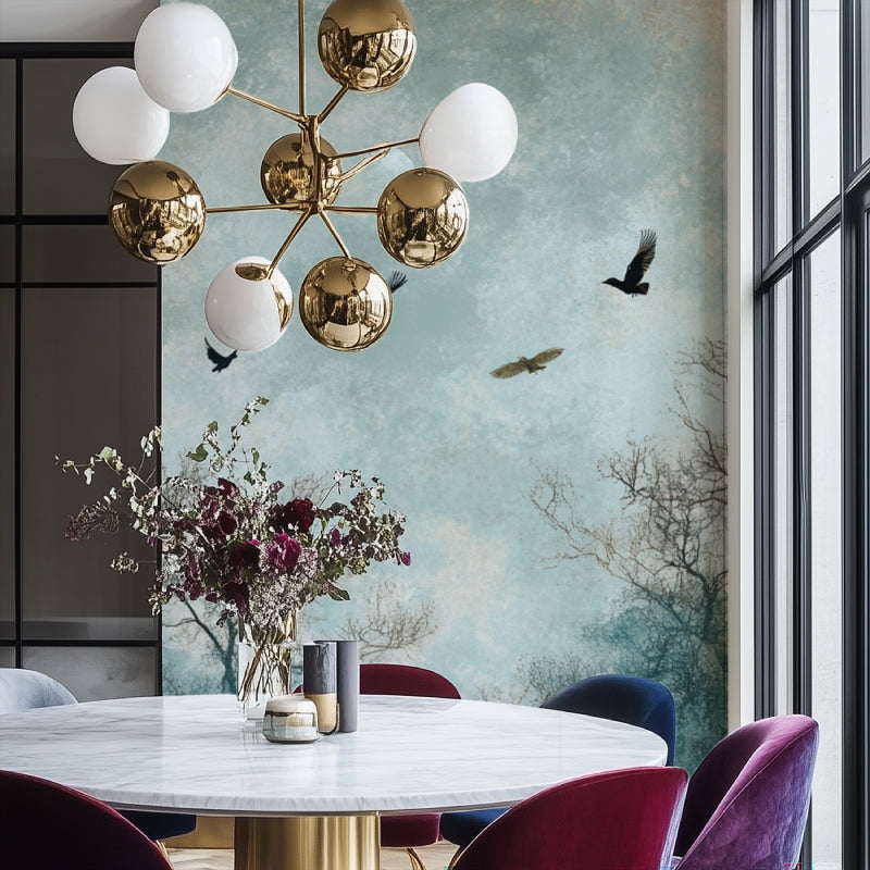 Birds Mural Wallpaper creating a peaceful atmosphere in a modern living room with natural light