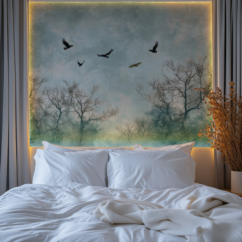 Misty Forest Birds Wallpaper in a cozy bedroom setting with minimal furniture