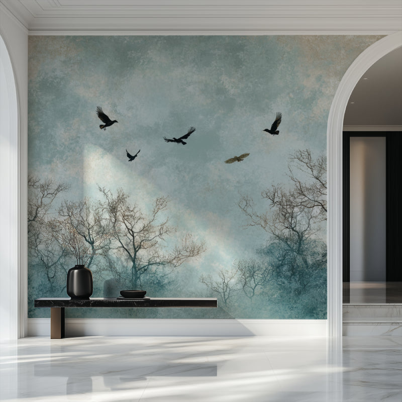 Nature Wall Mural with birds in a bright home office space