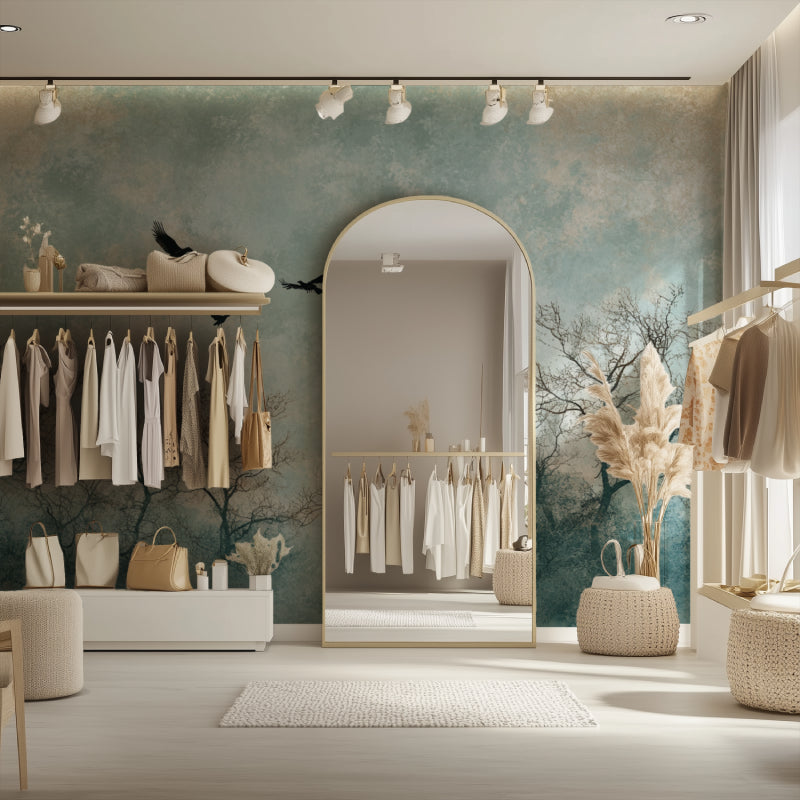 Birds and Forest Wallpaper creating depth in a dining room setting