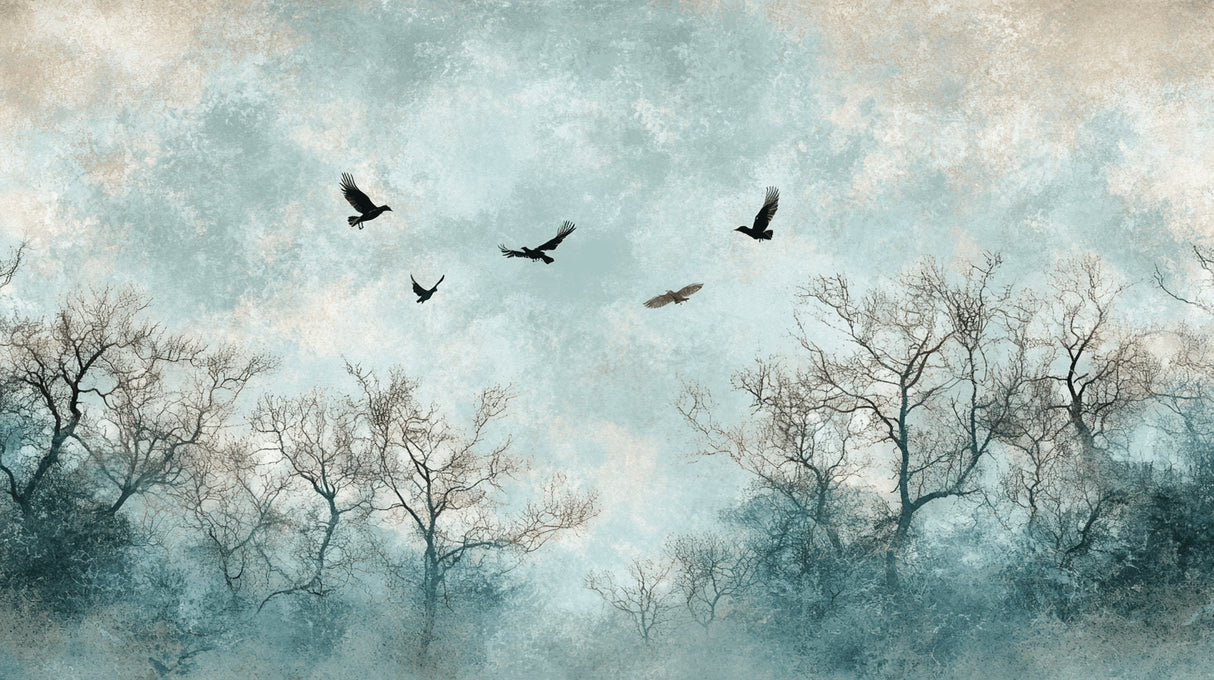 Birds Mural Wallpaper design file showing detailed misty forest pattern with flying birds