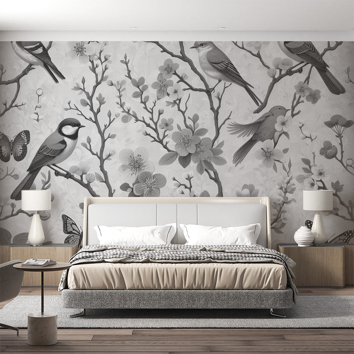 Black and white bird wallpaper with cherry blossoms creating a serene atmosphere in a modern living room