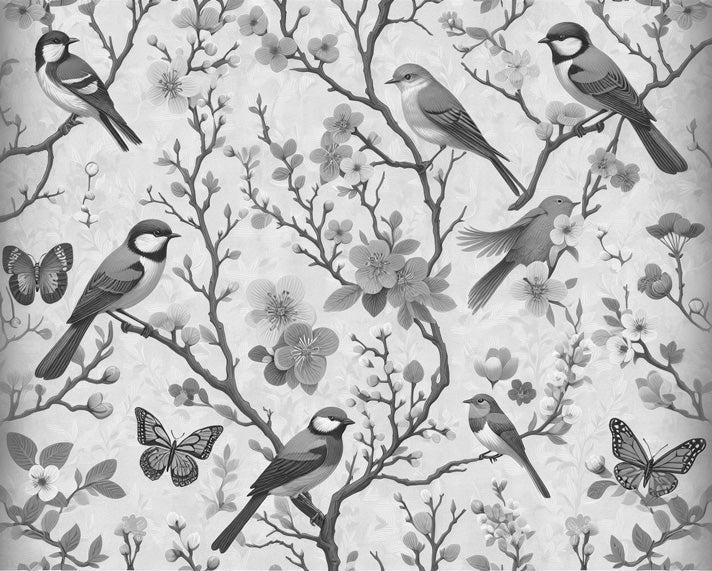 Monochrome bird and cherry blossom wallpaper design file showing intricate pattern details